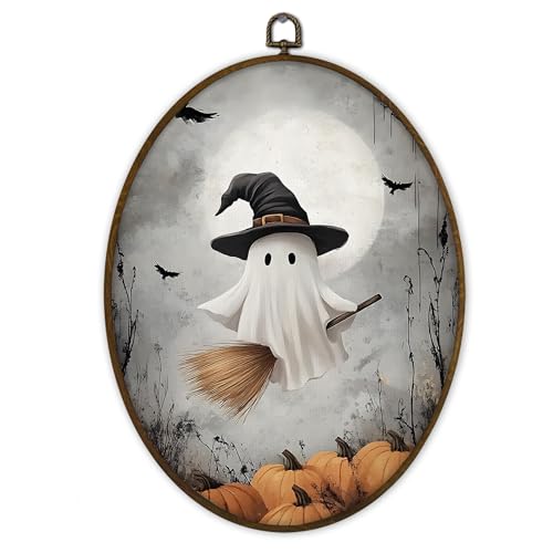 Gnmduw Halloween Ghost Oval Wall Art Framed, Vintage Fall Halloween Pumpkin Wall Art, Dark Academia Ghost Flying Canvas Prints Hanging Decor, Gothic Walls Decor for Living Room Bedroom, 8.7x11.3 Inch - color: pumpkin ghost, size: 11.3"L x 8.7"W