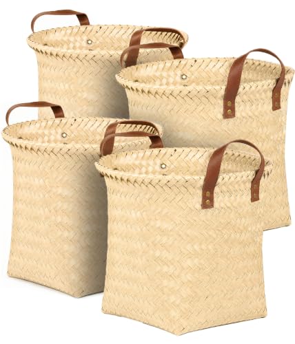 Wicker Storage Baskets, 4 Pack Woven Baskets for Shelves, Yellow - color: Round Yellow