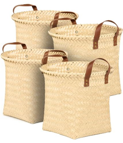 Wicker Storage Baskets, 4 Pack Woven Baskets for Shelves, Yellow - color: Round Yellow