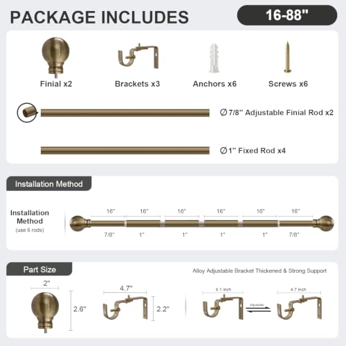 Antique Bronze Curtain Rods 16-88 Inch Heavy Duty 1 Inch Diameter - color: Bronze, size: 16"-88"|1 Pack