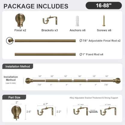 Antique Bronze Curtain Rods 16-88 Inch Heavy Duty 1 Inch Diameter - color: Bronze, size: 16"-88"|1 Pack