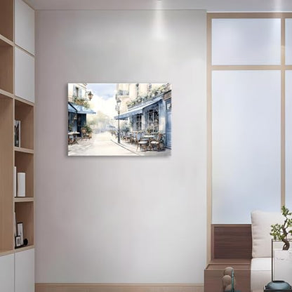 Framed Paris Cafe Canvas Wall Art, 24"x16" Blue Street Scene - color: Blue 01, size: 24"L x 16"W