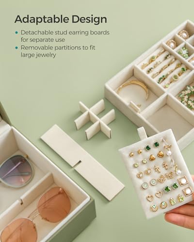 SONGMICS 2-Layer Jewelry Box with Handle, Removable Tray, Floating Effect - color: Sage Green