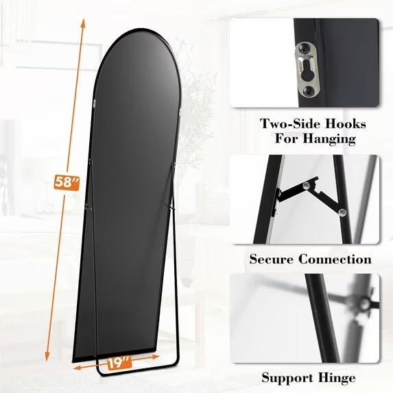 Black Arched Full Length Mirror, Modern Shatterproof Aluminum Alloy Body Floor , 3 Ways To Use Freestanding Leaning Wall Mount Vanity For Bedroom Living Room Entryway Home Decor(ARCHED_58"X19")