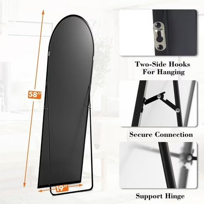 Black Arched Full Length Mirror, Modern Shatterproof Aluminum Alloy Body Floor , 3 Ways To Use Freestanding Leaning Wall Mount Vanity For Bedroom Living Room Entryway Home Decor(ARCHED_58"X19")