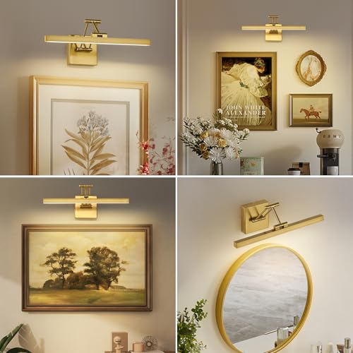 Hard-Wired Picture Light Dimmable LED Picture Lights for Paintings 15.7" Inch Brass Metal Body Wall Pictures with Adjustable Gold Swing Arm Art Display Lamps 7W 3000K Warm White Book Light - color: Hard-Wired Brass-square base, size: 15.7inch Dimmable