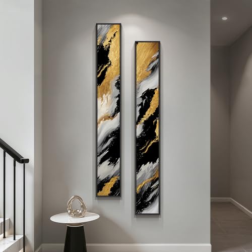 Large Framed Neutral Abstract Vertical Wall Art Decor for Hallway, 2 Piece - color: Black White Gold, size: 8"W x 56"H x 2Pcs