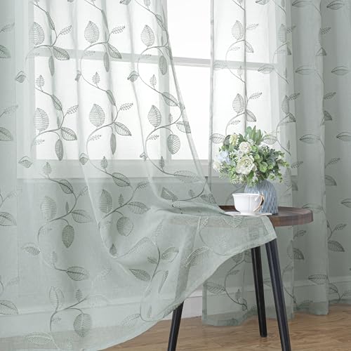 BGment Sage Green Leaf Sheer Curtains 84 Inches Long Living Room 2 Panels - color: Sage-leaf, size: 52"W x 84"L (Pack of 2)
