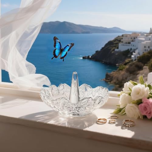 4" Crystal Ring Holder Dish, Glass Jewelry Tray, Decorative Trinket Tray - color: Clear,butterfly