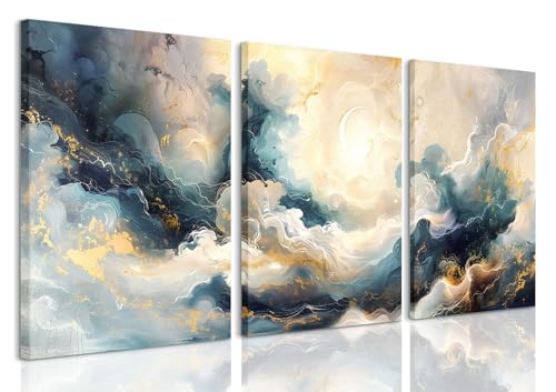 LYPHNX Framed Blue Abstract Fantasy Canvas Wall Art Minimalism Ink Painting Poster Set of 3 Modern ArtWork Navy Blue Gold Marble Prints Pictuer Wall Decor for Living room Bedroom Office Hotel 12"x16" - color: Abstract Ink, size: 12"x16" Canvas