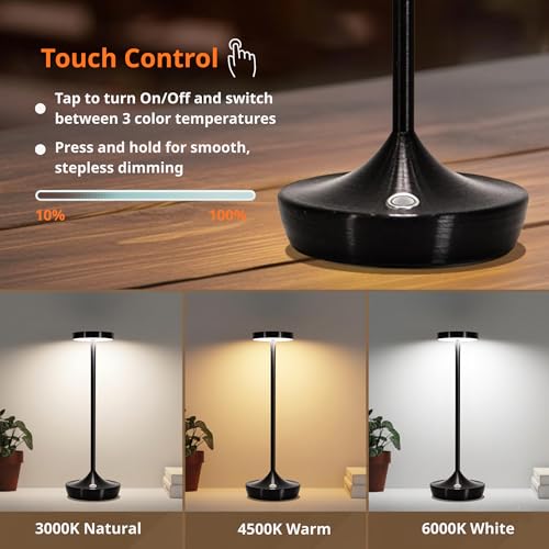 Cordless LED Table Lamps, Rechargeable 6000mAh, 72H Runtime, Waterproof - color: Black
