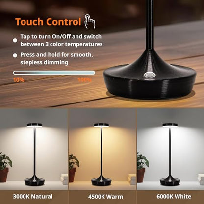 Cordless LED Table Lamps, Rechargeable 6000mAh, 72H Runtime, Waterproof - color: Black