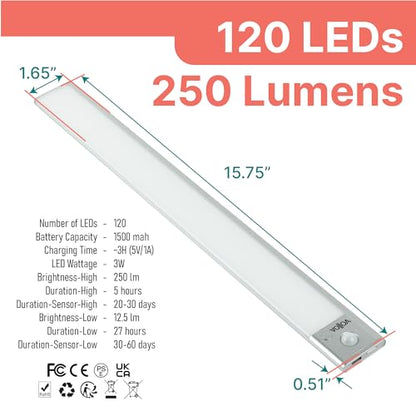 Motion Sensor Under Cabinet Light, LED Closet Light, 15.75 in Silver - color: Silver, size: Medium - 15.75in