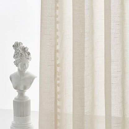 Natural Pompom Linen Sheer Curtains for Living Room Bedroom 52x72 Voile 2pc - color: Natural, size: 52"W x 72"L (Pack of 2)