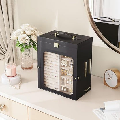 HOOBRO Jewelry Box with Mirror, Travel Jewelry Organizer with Glass Window - color: Black + Gold