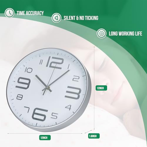 Wall Clock Modern Non-Ticking Battery Operated Wall Clocks Silent Quartz Movement Round Decor Clock Trendy and Practical Simple Style Best Gift for Office/Home/School (White-Silver, 12 inch) - color: White-silver