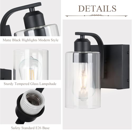 BELS 8 Inch Battery Operated Wall Sconces Set of 2, Farmhouse Wall Lights Fixture with Clear Glass, 4000K, Remote Control, Dimmable, Black Wall Sconces for Mirror, Bathroom, Bedroom - color: Black