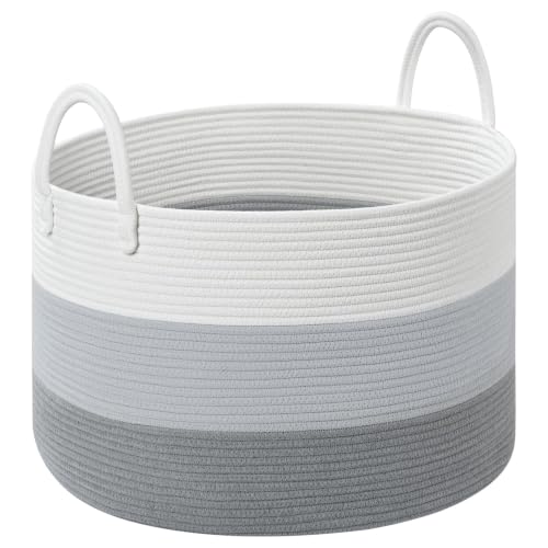 67L Large Woven Blanket Basket, Cotton Rope Baby Laundry Hamper with Handles, Kids Toy Basket for Classroom & Nursery, Soft Round Stuffed Animal Storage, Dog Toy Bin - 20"x13", Gray - color: Gray - W, size: Wide (20"D×13"H)