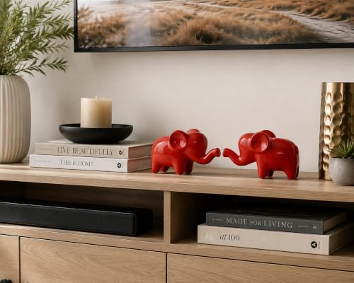 4 Inch Red Ceramic Elephant Figurines Set of 2 - color: Red