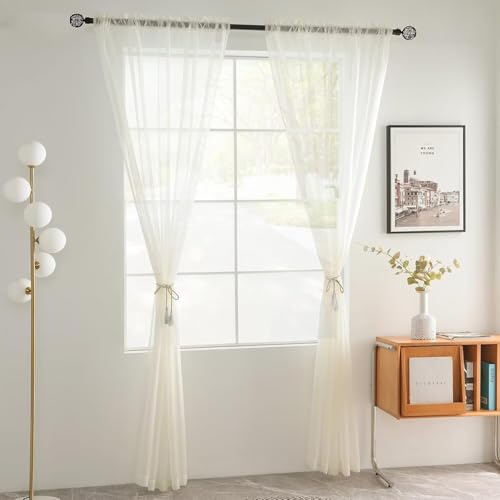youleyar Solid Sheer Rod Pocket Curtain Voile Draperies 4 Panels Ivory Beige Black Grey Coffee 52 Inch Width 45 Inch Long 1 Pair for Kitchen Bedroom Children Living Room Yard(Ivory,52Wｘ45L) - color: Ivory, size: 52"W x 45"L (Pack of 4)