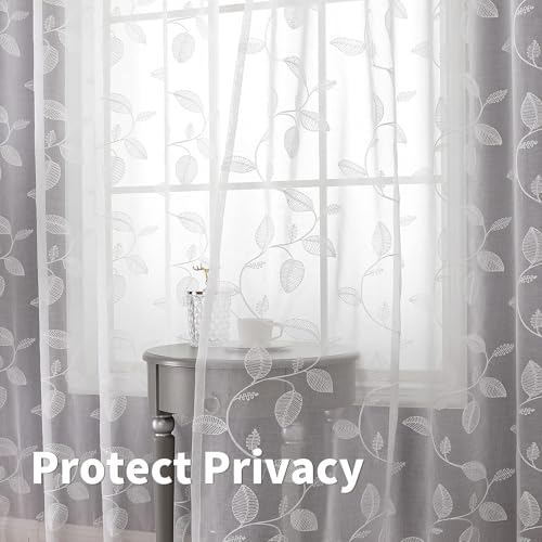 BGment White Sheer Curtains 90 Inches Long Living Room 2 Panels - color: White-leaf, size: 52"W x 90"L (Pack of 2)