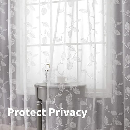 BGment White Sheer Curtains 90 Inches Long Living Room 2 Panels - color: White-leaf, size: 52"W x 90"L (Pack of 2)
