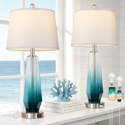 QiMH Glass Table lamps for living room, Modern Bedside Lamps for Bedrooms,27.5" Tall Nightstand Lamps Set of 2 with 3-Way Dimmable Touch Control, White Linen Shade,USB A/C Charging Ports,Gradient Teal - color: Teal 2