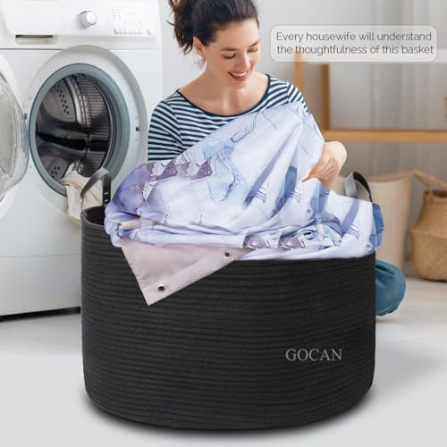 Cotton Rope Woven Laundry Basket 22"X 22"X 14" with handles (Pure Blk) XXXL - color: Pure black