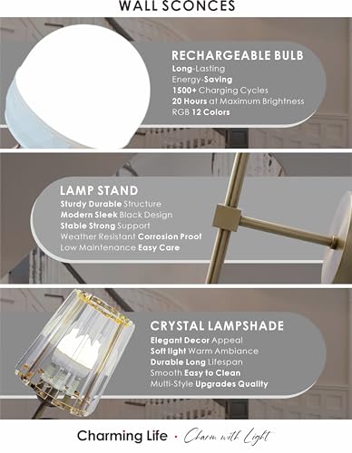 Battery Operated Wall Sconces Set of 2, Gold Crystal Wireless Wall Lights with Remote, 5000mAh Rechargeable (20H Run Time), Dimmable RGB & 3 Color Modes, Art Deco Vanity Sconce for Bedroom Living Room - color: Gold