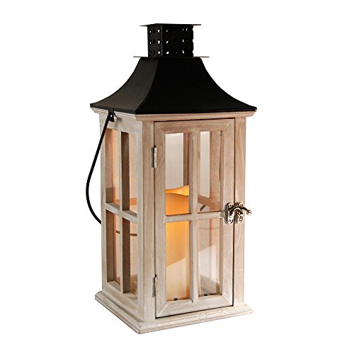 LumaBase Wooden Lantern with Battery Operated Candle - White Washed with Black Roof