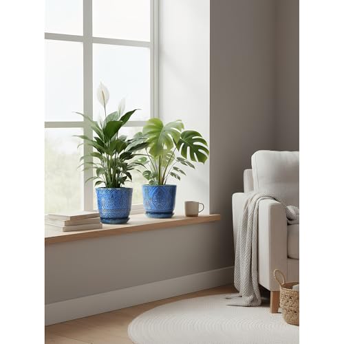 Gepege Ceramic Plant Pots, 6 Inch Indoor Planters with Drainage & Saucers - color: Blue-b, size: 6 Inch - Set of 2