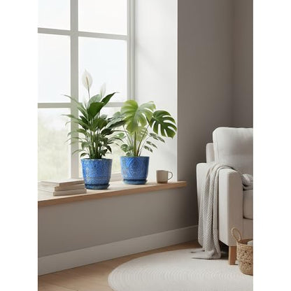 Gepege Ceramic Plant Pots, 6 Inch Indoor Planters with Drainage & Saucers - color: Blue-b, size: 6 Inch - Set of 2