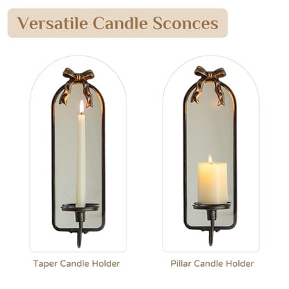 Mirror Wall Candle Sconces Set of 2: Black Metal Frame with Bow - color: Black&gold