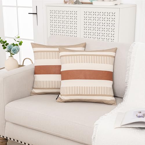 2 Pack 18x18 Inch Pillow Covers - Brown Faux Leather & Tan Stripe Print Soft Canvas Splicing, Same Pattern Both Sides | for Sofa Couch Bed Living Room, Farmhouse Industrial Minimalist Decor - color: Tan and Beige, size: 18" x 18" (Pack of 2)
