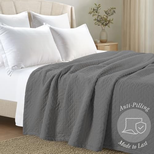 Threadmill Cotton Queen Coverlet Blanket, Criss Cross Jacquard, Dark Grey - color: Classic Dark Grey, size: Queen / Full