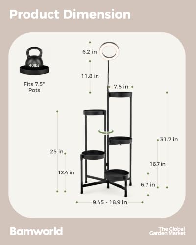 Bamworld Plant Stand with Grow Lights Indoor 5 Tier Plant Shelf Outdoor - color: Black with Ring Light, size: 5 Tiers