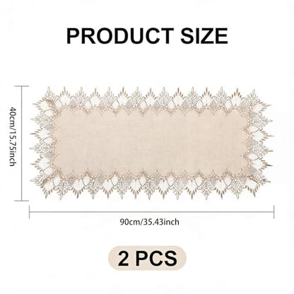 2 Pcs Lace Doily, 16"*35" Rectangle Neutral Earth Tones Beige Lace Coffee Table Topper Linen Style Tablecloth Placemats with Embroidery Edge for Dining Room - size: 16*35"