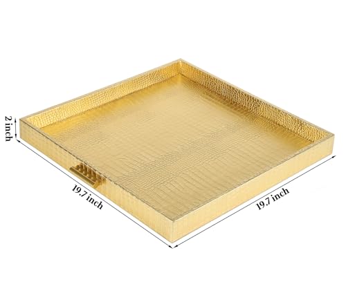 HofferRuffer Elegant Decorative Serving Tray, 20"x20" Square Faux Leather Ottoman Tray with Gold Hardware Handles, Coffee Table Serve Tea, Coffee or Breakfast (Gold, Square-20 inch) - color: Gold, size: 20" x 20" x 2"