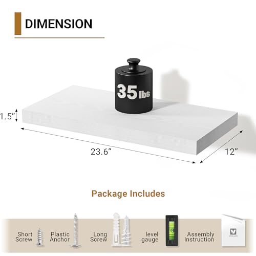 Vivelove 24 x 12 Floating Shelves 12 Deep, White, Set of 2 - color: White, size: 23.6”wx12”dx1.5”h