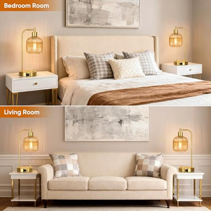 Champagne Glass Table Lamps Set of 2, Dimmable Bedside Lamps for Bedroom - color: Gold&‎Champagne