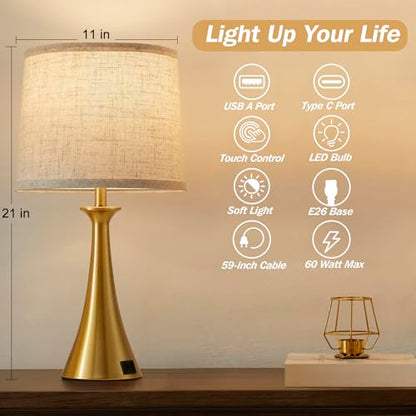 Touch Table Lamps Set of 2, 21" Bedside Lamps with USB C+A, Gold - color: Gold 2pcs