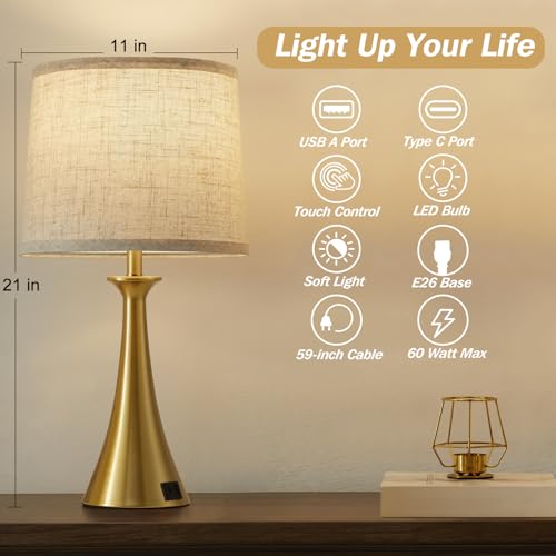 Touch Table Lamps Set of 2, 21" Bedside Lamps with USB C+A, Gold - color: Gold 2pcs