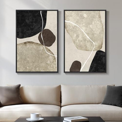Framed Modern Black Beige Brown Abstract Canvas Wall Art Set of 2, 16x24 In - color: Stone-Inspired Abstract, size: 16" W x 24" H x 2Pcs