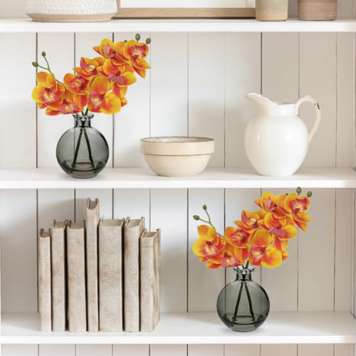 Yellow Orchids Artificial Flowers Faux Orchid Arrangement with Glass Vase - color: Orangey Yellow/Black Vase