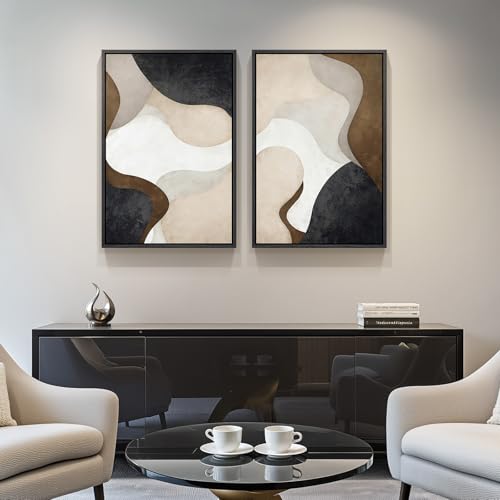 Framed Neutral Beige Brown Abstract Canvas Wall Art Set of 2, 16x24 In - color: Fluid Shapes, size: 16" W x 24" H x 2Pcs