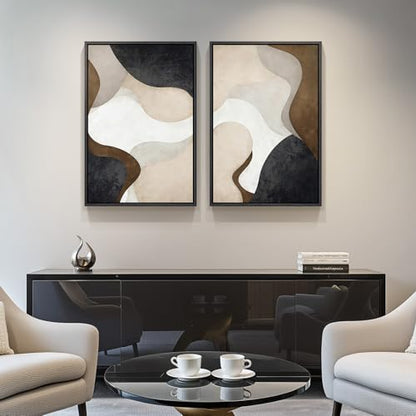 Framed Neutral Beige Brown Abstract Canvas Wall Art Set of 2, 16x24 In - color: Fluid Shapes, size: 16" W x 24" H x 2Pcs