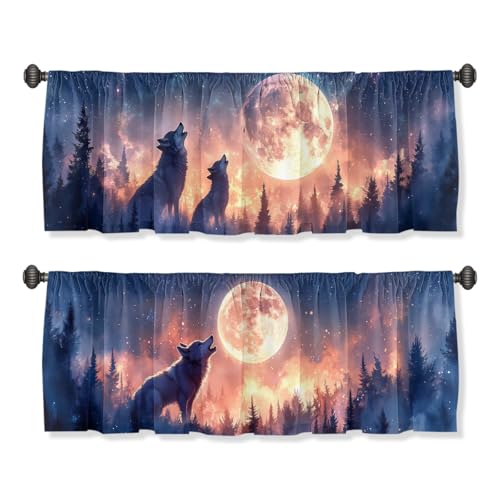 Wolf Valance Curtain for Windows 2 Pack Moon Forest Galaxy Wild Animal Star Night Rod Pocket Window Treatments Short Curtains for Kitchen Windows Bathroom Bedroom 54x18 Inch - color: Wolf