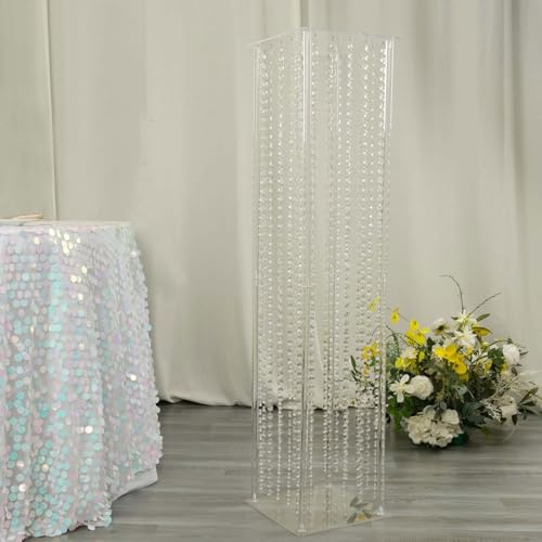 Efavormart 48" Heavy Duty Acrylic Flower Pedestal Vase with Hanging Crystal Beads, Clear Pillar Stand Wedding Floor Centerpieces with Pre-Chained Garlands - 5mm Thick Plates - size: 11"W x 48"H