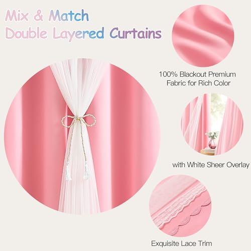 XiDi Pink Blackout Curtains with Sheer Overlay for Girls Kids Bedroom 96 Inches Long Princess Nursery Pink Lace Double Layer Curtains Thermal Insulated Room Darkening Grommet Drapes 2 Panels W34xL96 - color: Blackout-pink, size: 34"W x 96"L (Pack of 2)