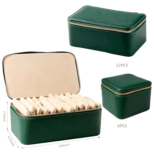 Travel Jewelry Case with 12 Velvet Zipped Pouches Bags, Dark Green - color: Dark Green - 12 Pouch